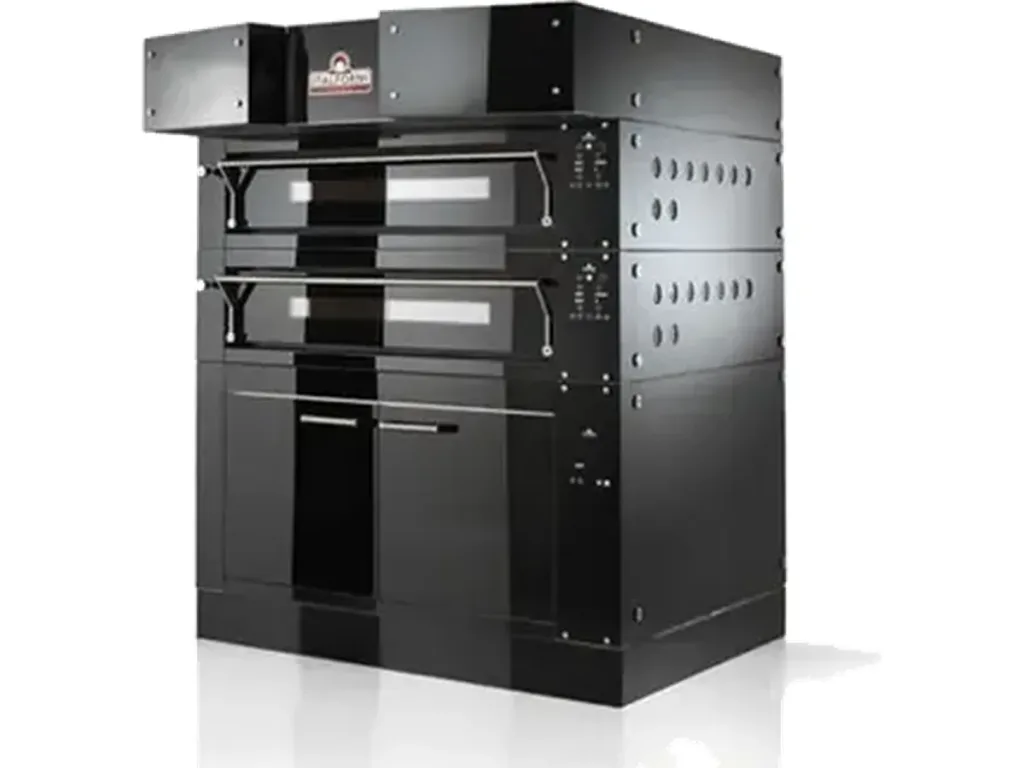 Horno de pizza eléctrico modelo Bull de dos cámaras, acabado negro, fondo blanco