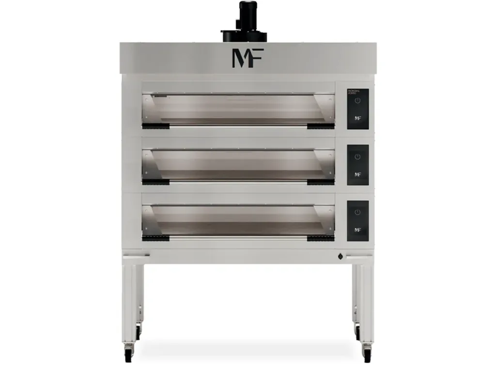 Horno de pisos eléctrico modular Domino para panadería con suela de piedra y control por piso, fondo blanco