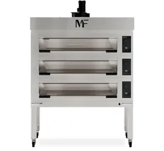 Horno de pisos eléctrico modular Domino para panadería con suela de piedra y control por piso, fondo blanco