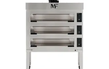 Horno de pisos eléctrico modular Domino para panadería con suela de piedra y control por piso, fondo blanco