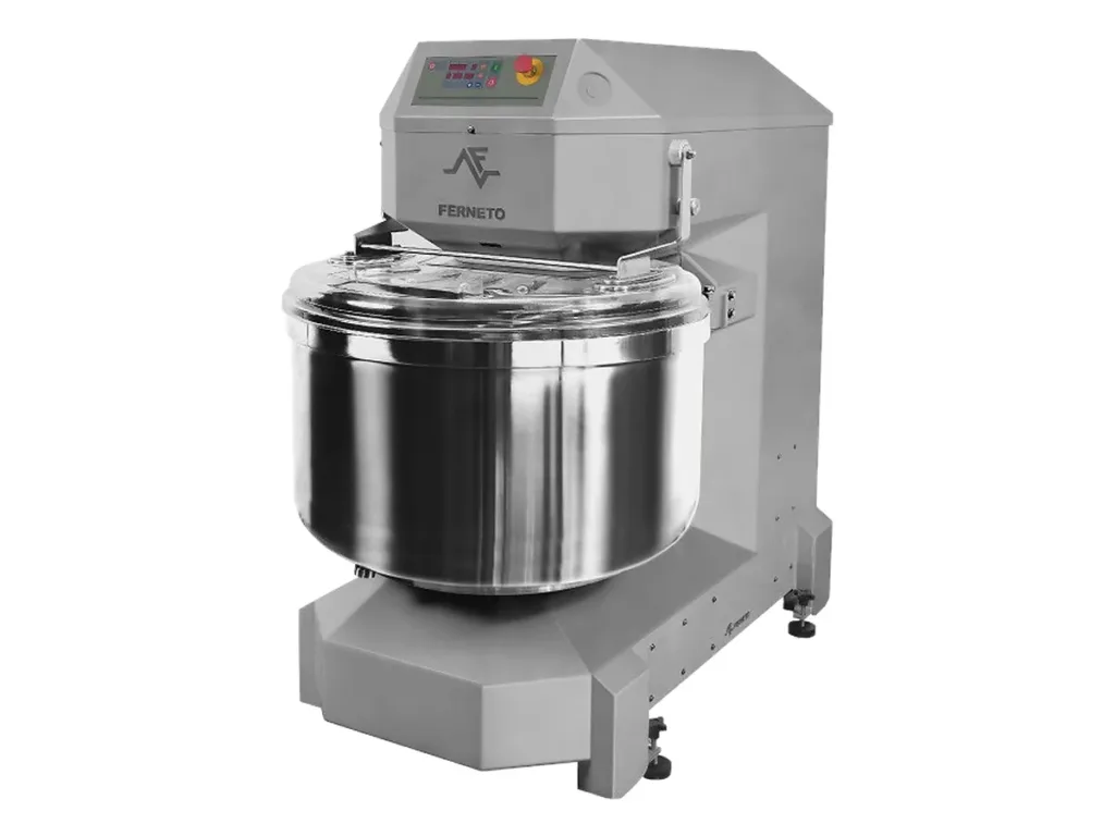 Amasadora de espiral Ferneto para panadería con cuba de acero inoxidable y tapa de seguridad