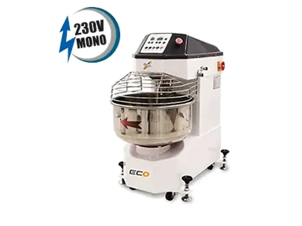 Amasadora de espiral ECO monofásica 230V con cuba de acero inoxidable y rejilla de seguridad